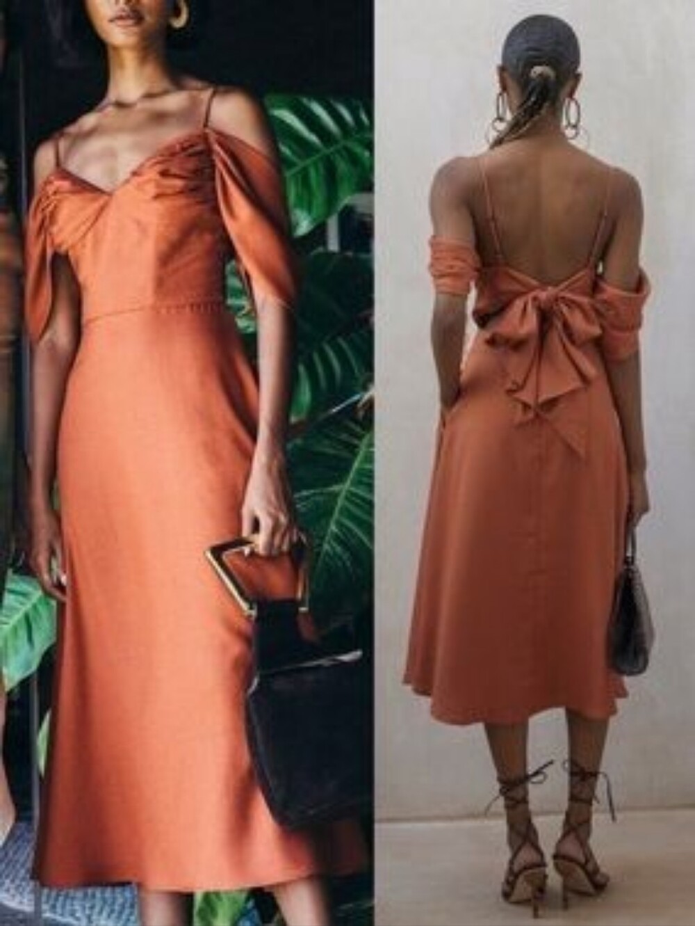 Cult Gaia Katalina 100% Silk Orange Off Shoulder Back Bow Midi Dress Size XS